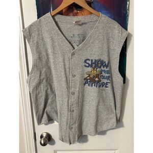 Vintage 1995 Looney Tunes Wile E Coyote Sleeveless Button Up Jersey Gray Large